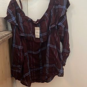 Loft off the shoulder long sleeve plaid blouse.  Burgundy & Blue.